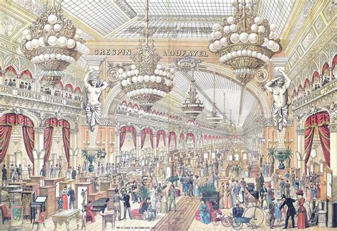 Illustration d'époque représentant une façade de grand magasin parisien au XIXe siècle
