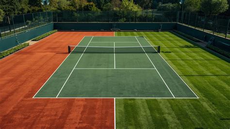 Schéma d'un court de tennis divisé en deux surfaces distinctes : gazon et terre battue