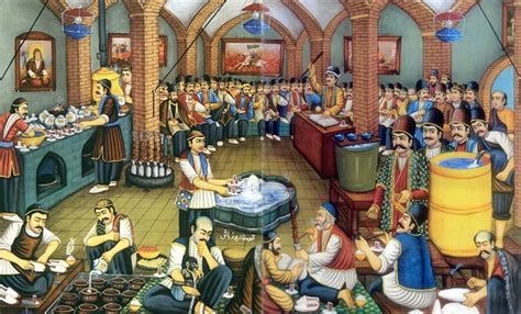Illustration ancienne de cafés traditionnels (qahveh khaneh)