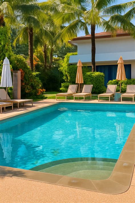 La piscine privée entourée de zones de détente luxuriantes