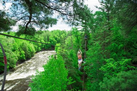 Vue aérienne du parc Arbraska Mont-Saint-Grégoire avec des structures dans les arbres