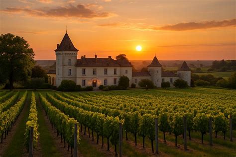 Vue panoramique d'un domaine viticole bordelais au coucher du soleil