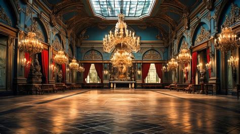 Intérieur d'une salle de réception de château avec lustres et miroirs