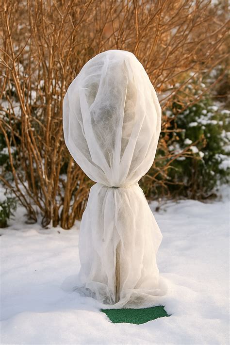 Plante d'arbuste recouverte d'un voile d'hivernage blanc