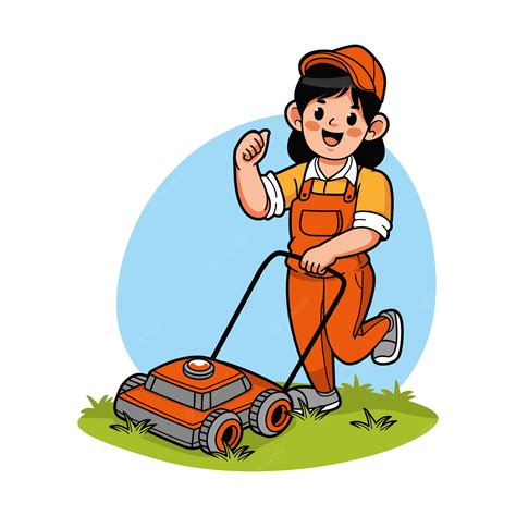 Illustration d'un jardinier utilisant une tondeuse à gazon dans un environnement résidentiel paisible
