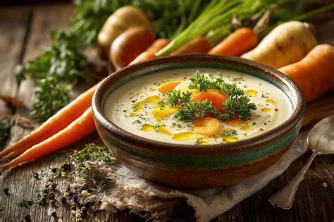 assiette fumante de velouté de légumes racines avec garniture forestière