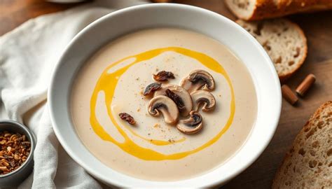 bol de velouté garni de champignons sautés et noix concassées