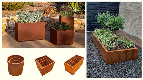 Jardinières en acier Corten de différentes tailles avec plantation variée