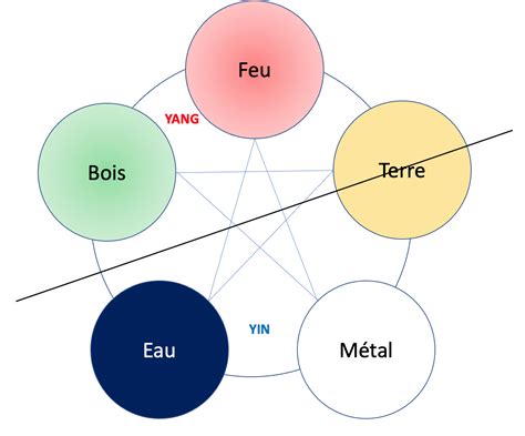 Représentation des cinq éléments avec leurs correspondances