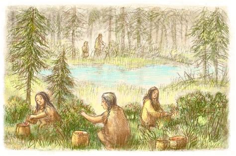 Illustration d'une scène de cueillette de baies et de racines en milieu forestier préhistorique