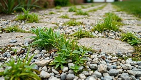 Mauvaises herbes envahissant une allée pavée