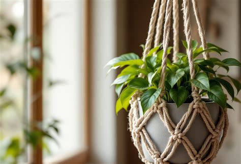 une suspension en macramé artisanale réalisée avec de la corde naturelle accueillant une plante verte tombante dans un intérieur lumineux