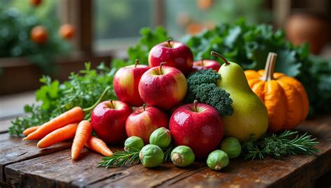 Décoration d'autel avec des fruits et légumes de saison et du pain