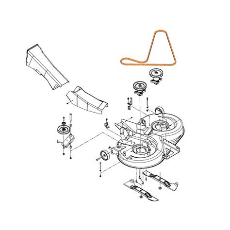 Vue éclatée du système de fixation d'une roue de tondeuse avec goupille, axe et rondelle