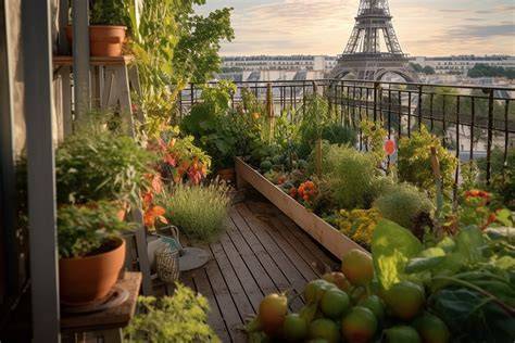 potager urbain sur un balcon aménagé avec des caisses en bois et des plantes aromatiques