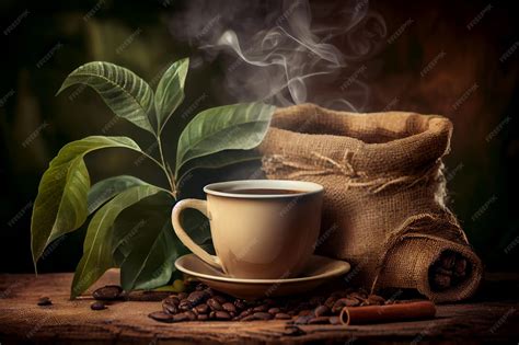 Tasse de café avec marc de café et feuilles de plantes
