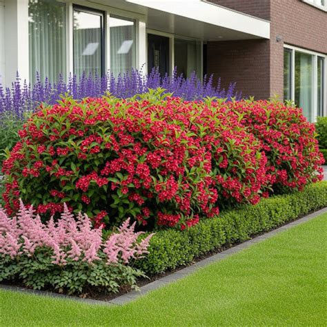 Exemple d'aménagement paysager avec un Weigelia 'All Summer Red' en massif