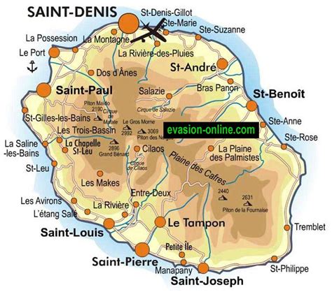 Carte géographique de l'île de La Réunion montrant ses cirques et massifs volcaniques