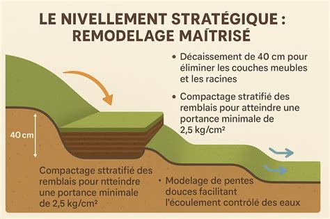 Schéma explicatif des étapes d'un terrassement paysager, du nivellement à la pose de bordures