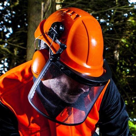 Schéma technique d'un casque forestier avec visière et protections auditives