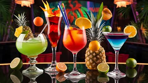 Assiettes colorées avec motifs tropicaux et verres à cocktail avec petits parasols
