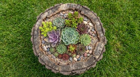 composition de succulentes dans une souche de bois naturel