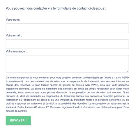 Exemple de formulaire de contact avec une mention RGPD claire et concise