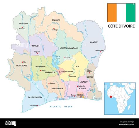 Carte de la Côte d'Ivoire avec des points localisant Yamoussoukro et Korhogo