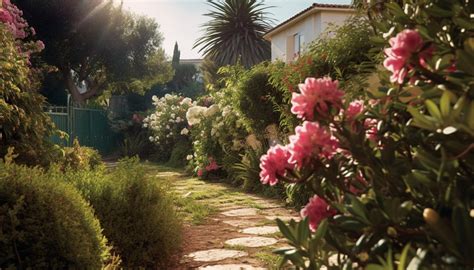 Exemple d'aménagement paysager utilisant des lauriers roses pour délimiter une terrasse