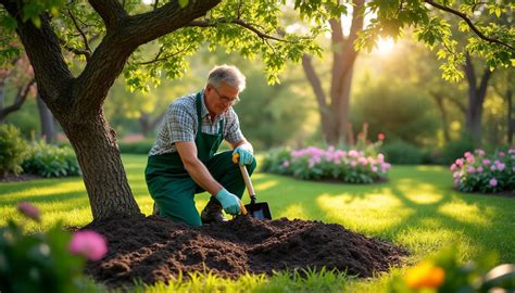 Application de compost au pied d'arbres fruitiers