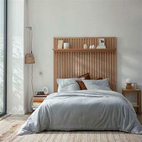 Chambre moderne avec tête de lit en tasseaux de bois clair et éléments naturels