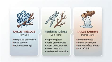 Infographie comparant les avantages de la taille d'hiver (dormance) et de la taille d'été (en vert)