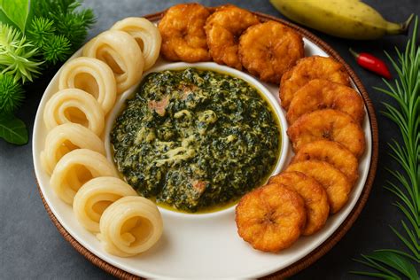 Plat traditionnel de Ndolé camerounais servi avec des plantains
