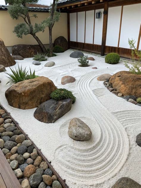 Jardin zen japonais avec sable ratissé et rochers