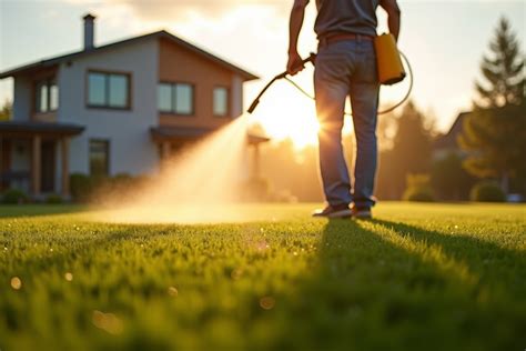 Jardinier arrosant sa pelouse au lever du soleil