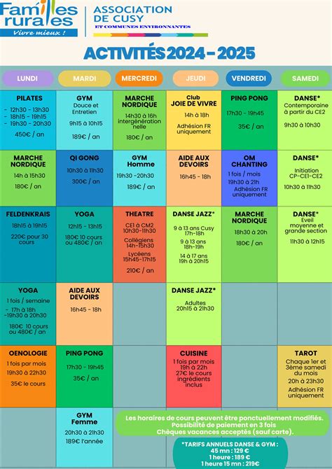 Calendrier des activités mensuelles du Club des Hortensias