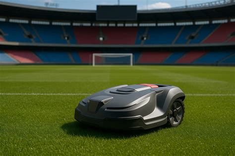 Robot tondeuse professionnel en action sur un grand espace vert