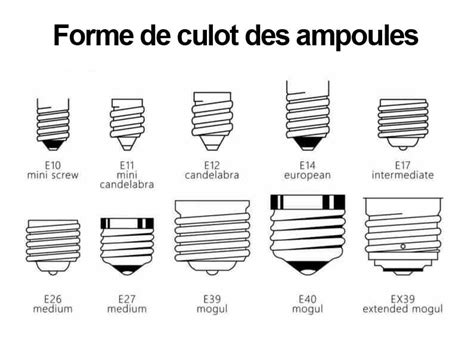Schéma technique illustrant les différentes formes d'ampoules E14 (flamme, ronde, torsadée) et leur culot à vis standard