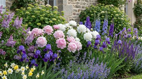 Illustration d'un jardin fleuri au printemps avec des pivoines et des iris.