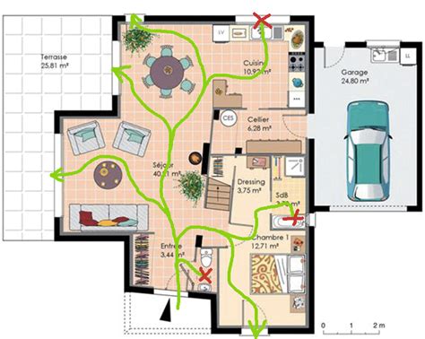 schéma illustrant la circulation du Chi dans une maison et l'emplacement optimal des plantes