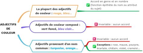 Infographie expliquant les règles d'accord des adjectifs de couleur en français avec des exemples