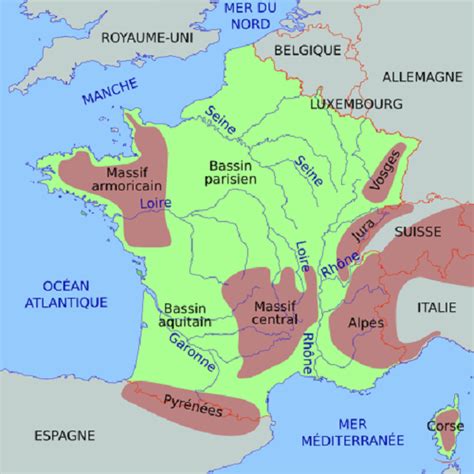 Carte des massifs montagneux et bassins hydrographiques de France