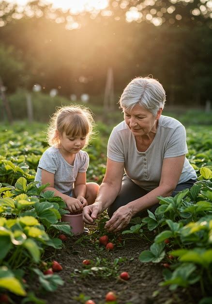 Famille récoltant des fraises dans un champ en plein air
