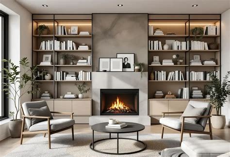 Intérieur chaleureux d'un café rustique avec cheminée et bibliothèque