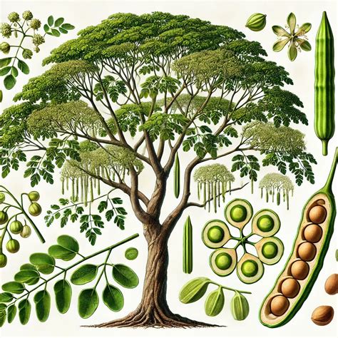 Illustration botanique du Moringa oleifera montrant ses feuilles pennées et ses gousses caractéristiques