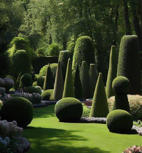 Exemple de jardin structuré par l'art topiaire avec des formes géométriques