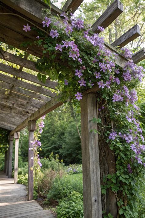 Exemple de Clematis montana recouvrant une pergola et créant un tunnel floral.