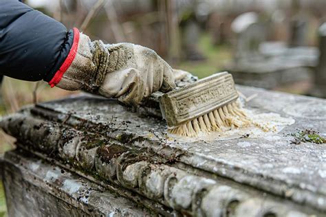 Photo d'un professionnel en train de nettoyer une pierre tombale avec des outils spécifiques