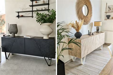 Un bonsaï artificiel élégamment disposé sur un buffet dans un salon lumineux