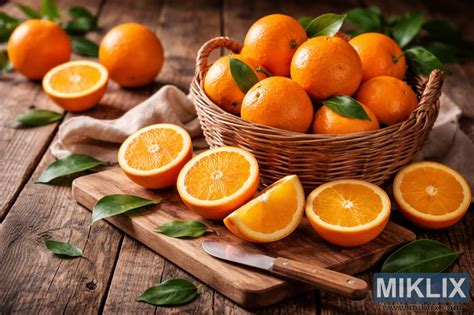 Assortiment d'oranges Navel sur une planche en bois